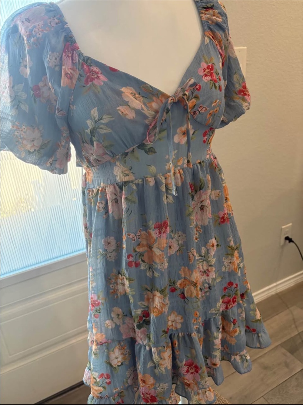 Girls' Light Blue Floral Tie-Front Casual Dress